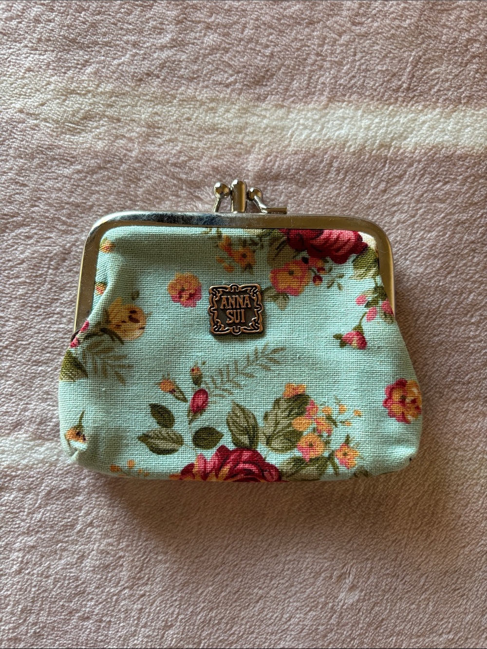 Anna Sui Mint Floral Kiss-Lock Coin Pouch with Gold Trim